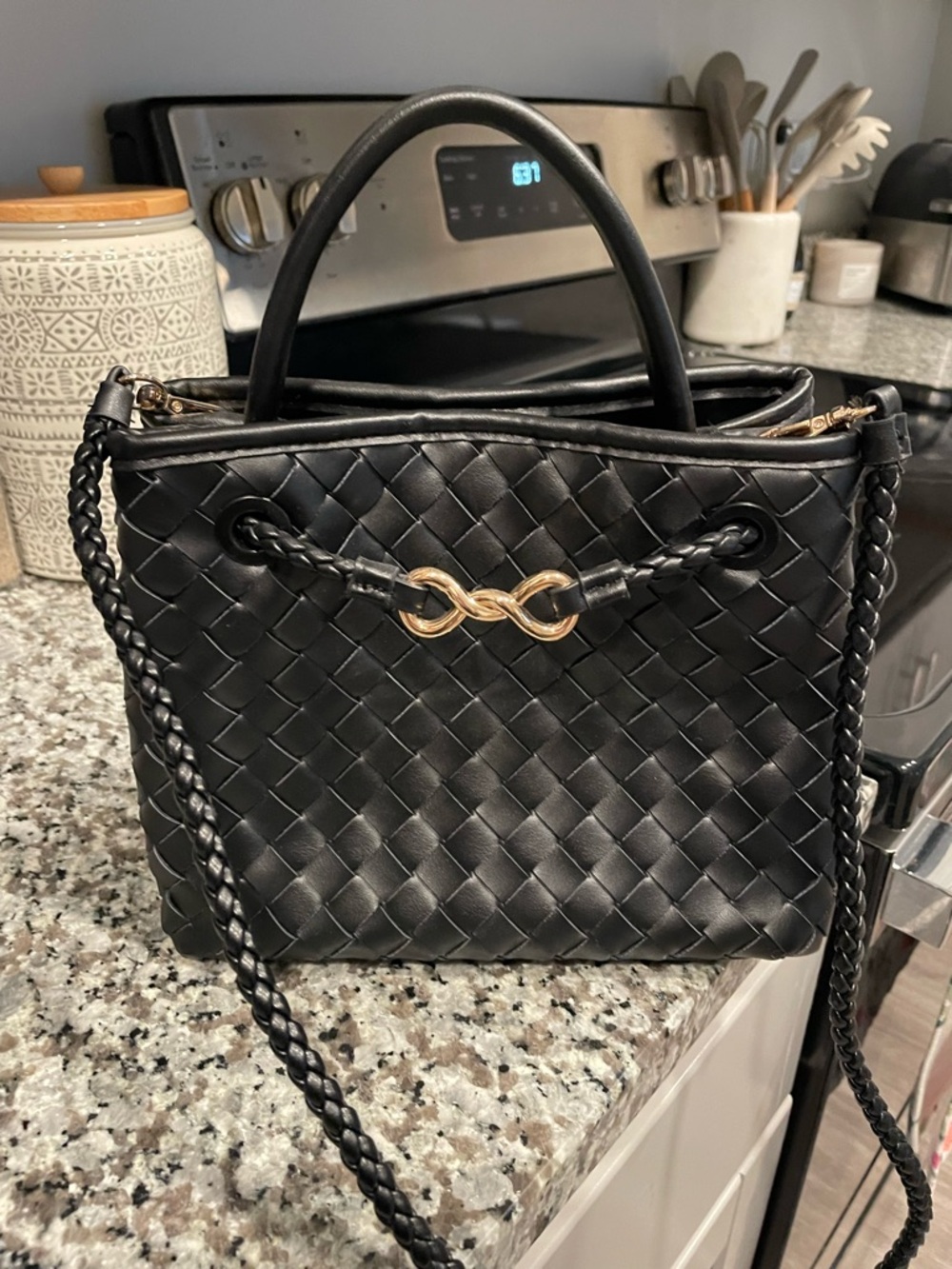 Black Woven Leather Bag